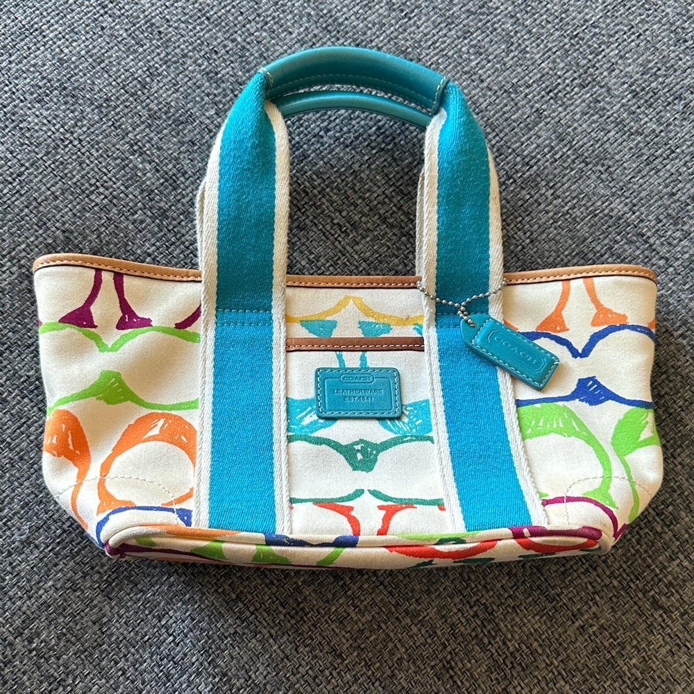 COACH MINI SCRIBBLE Multicolor Canvas Tote with Blue Straps